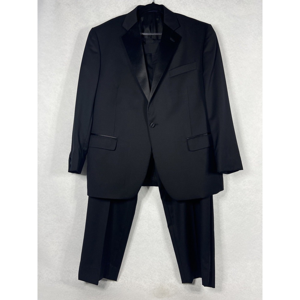 Stafford 2PC Tuxedo Suit Men's 44S Black 100% Wool Pants 40x28 Formal Old Money